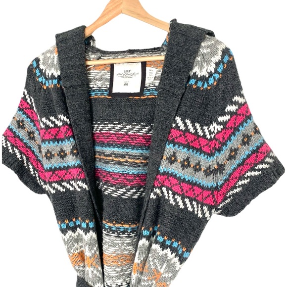 L.O.G.G. by H&M Hooded Wool Blend Tunic Cardigan Colorful Fair Isle Pattern XL - Picture 2 of 8